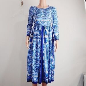 𝅺RYSELECO Womens 3/4 Sleeve High-end Blue Porcelain Printed Midi-Maxi Size: S